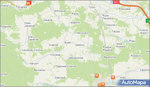 mapa Izdebno gmina Łaskarzew, Izdebno gmina Łaskarzew na mapie Targeo