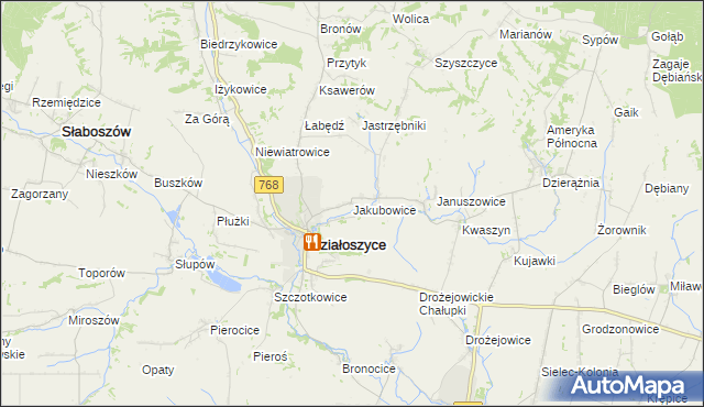 mapa Jakubowice gmina Działoszyce, Jakubowice gmina Działoszyce na mapie Targeo