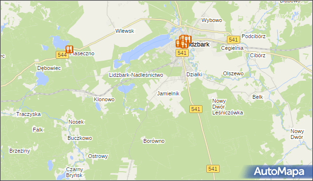 mapa Jamielnik gmina Lidzbark, Jamielnik gmina Lidzbark na mapie Targeo