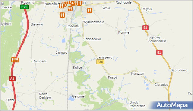 mapa Janiszewo gmina Pelplin, Janiszewo gmina Pelplin na mapie Targeo