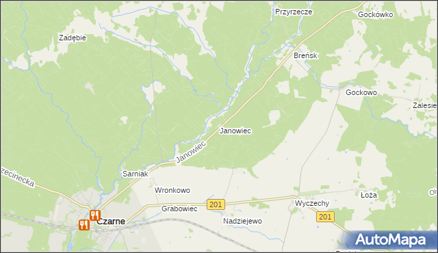 mapa Janowiec gmina Czarne, Janowiec gmina Czarne na mapie Targeo