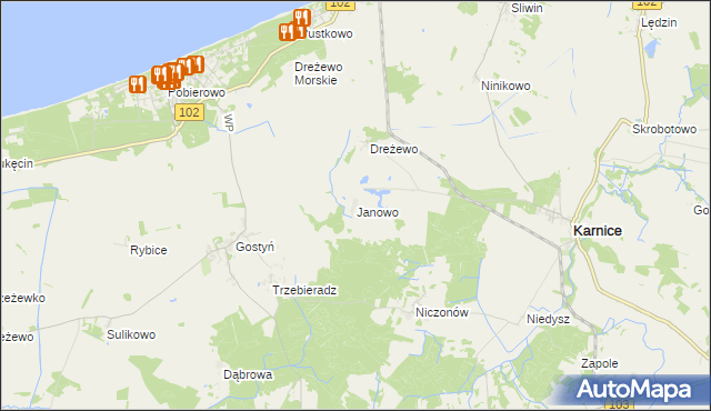 mapa Janowo gmina Karnice, Janowo gmina Karnice na mapie Targeo