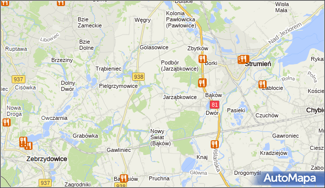 mapa Jarząbkowice gmina Pawłowice, Jarząbkowice gmina Pawłowice na mapie Targeo