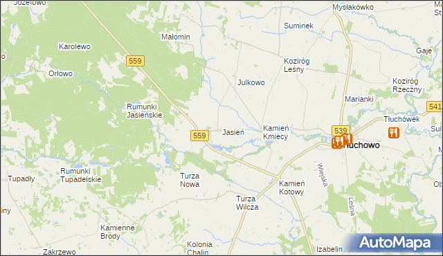 mapa Jasień gmina Tłuchowo, Jasień gmina Tłuchowo na mapie Targeo