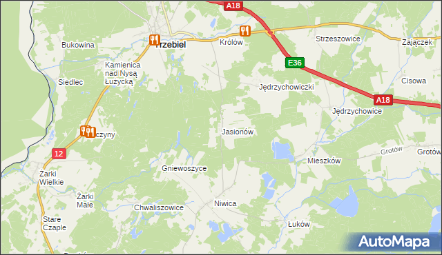 mapa Jasionów gmina Trzebiel, Jasionów gmina Trzebiel na mapie Targeo