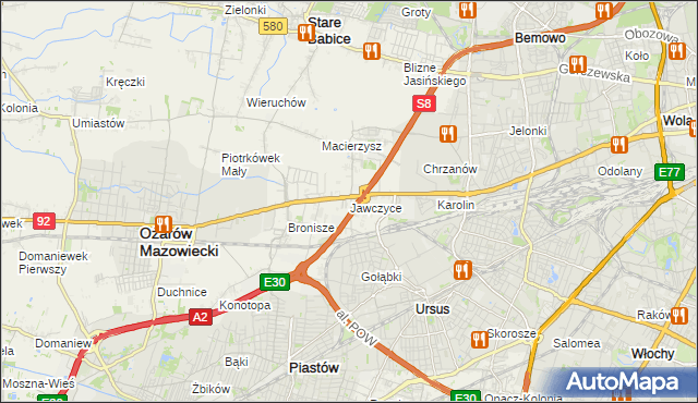 mapa Jawczyce gmina Ożarów Mazowiecki, Jawczyce gmina Ożarów Mazowiecki na mapie Targeo