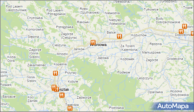 mapa Jazowa gmina Wiśniowa, Jazowa gmina Wiśniowa na mapie Targeo