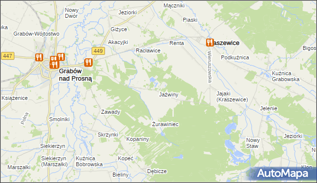 mapa Jaźwiny gmina Kraszewice, Jaźwiny gmina Kraszewice na mapie Targeo