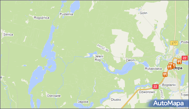 mapa Jeleni Róg gmina Człopa, Jeleni Róg gmina Człopa na mapie Targeo