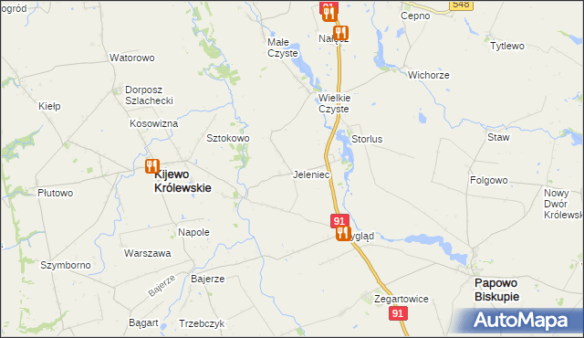 mapa Jeleniec gmina Papowo Biskupie, Jeleniec gmina Papowo Biskupie na mapie Targeo
