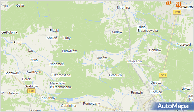mapa Jeżów gmina Końskie, Jeżów gmina Końskie na mapie Targeo