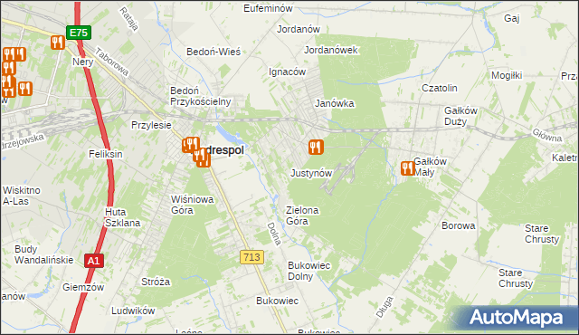 mapa Justynów gmina Andrespol, Justynów gmina Andrespol na mapie Targeo