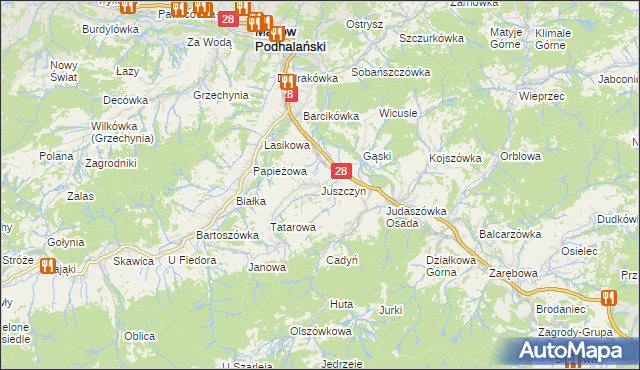 mapa Juszczyn gmina Maków Podhalański, Juszczyn gmina Maków Podhalański na mapie Targeo