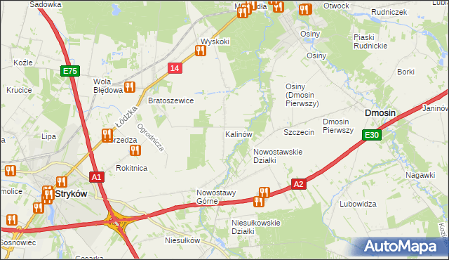 mapa Kalinów gmina Stryków, Kalinów gmina Stryków na mapie Targeo