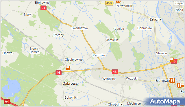 mapa Karczów gmina Dąbrowa, Karczów gmina Dąbrowa na mapie Targeo