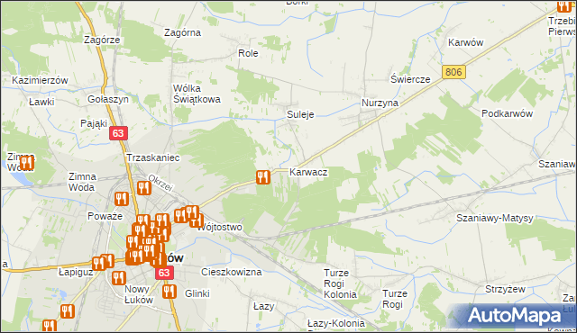 mapa Karwacz gmina Łuków, Karwacz gmina Łuków na mapie Targeo