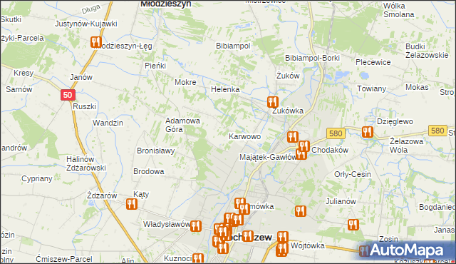 mapa Karwowo gmina Sochaczew, Karwowo gmina Sochaczew na mapie Targeo