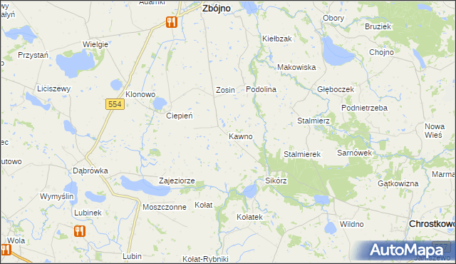 mapa Kawno gmina Chrostkowo, Kawno gmina Chrostkowo na mapie Targeo