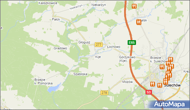 mapa Kije gmina Sulechów, Kije gmina Sulechów na mapie Targeo