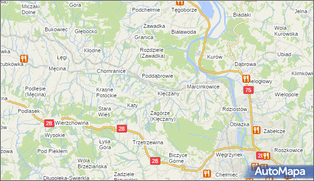 mapa Klęczany gmina Chełmiec, Klęczany gmina Chełmiec na mapie Targeo