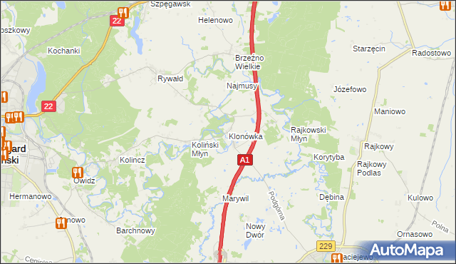 mapa Klonówka gmina Starogard Gdański, Klonówka gmina Starogard Gdański na mapie Targeo