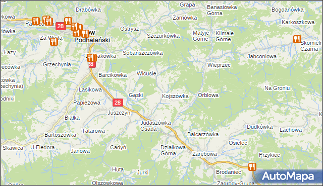 mapa Kojszówka, Kojszówka na mapie Targeo