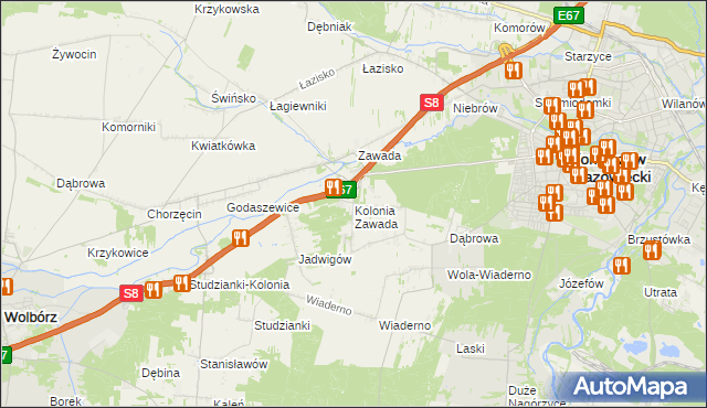 mapa Kolonia Zawada gmina Tomaszów Mazowiecki, Kolonia Zawada gmina Tomaszów Mazowiecki na mapie Targeo