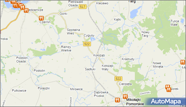 mapa Kołoząb gmina Mikołajki Pomorskie, Kołoząb gmina Mikołajki Pomorskie na mapie Targeo