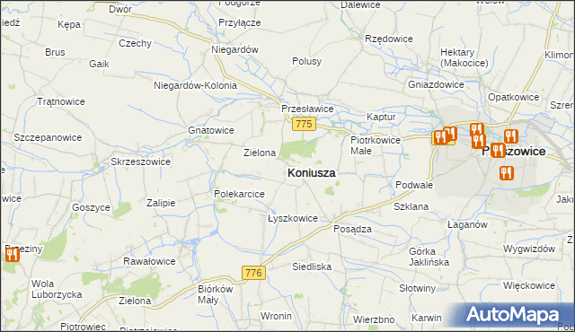 mapa Koniusza powiat proszowicki, Koniusza powiat proszowicki na mapie Targeo