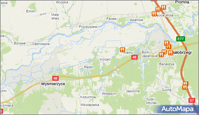 mapa Korzeń gmina Wyśmierzyce, Korzeń gmina Wyśmierzyce na mapie Targeo