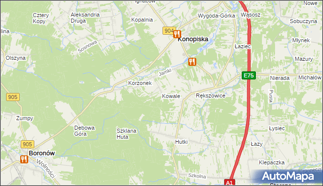 mapa Kowale gmina Konopiska, Kowale gmina Konopiska na mapie Targeo