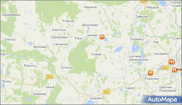 mapa Kowale gmina Sierakowice, Kowale gmina Sierakowice na mapie Targeo