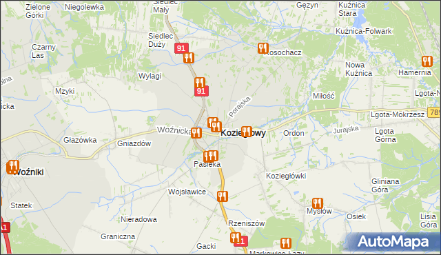mapa Koziegłowy powiat myszkowski, Koziegłowy powiat myszkowski na mapie Targeo