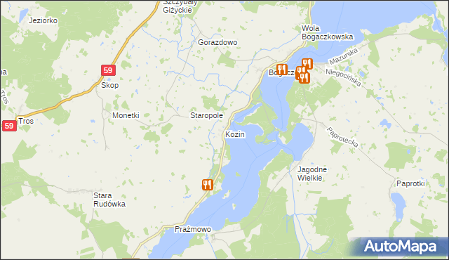 mapa Kozin gmina Giżycko, Kozin gmina Giżycko na mapie Targeo