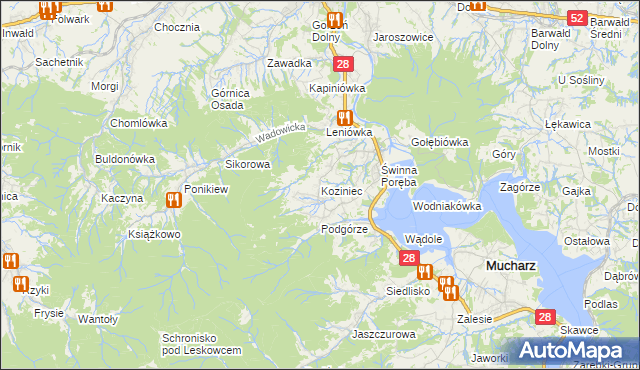 mapa Koziniec gmina Mucharz, Koziniec gmina Mucharz na mapie Targeo