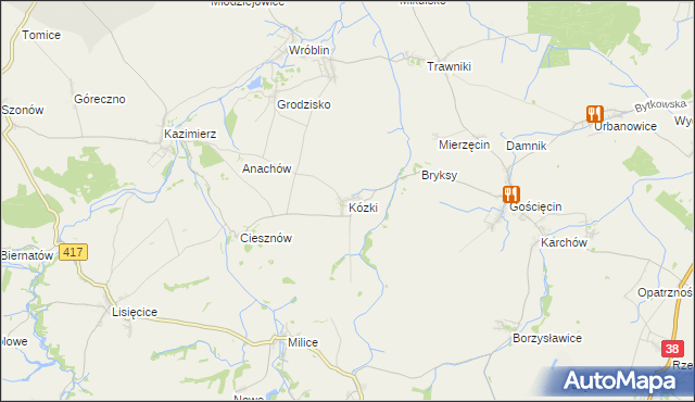 mapa Kózki gmina Pawłowiczki, Kózki gmina Pawłowiczki na mapie Targeo