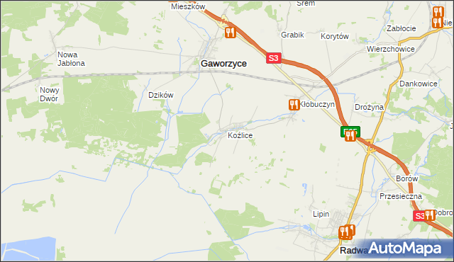 mapa Koźlice gmina Gaworzyce, Koźlice gmina Gaworzyce na mapie Targeo