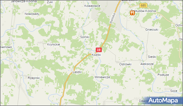 mapa Koźliki gmina Zabłudów, Koźliki gmina Zabłudów na mapie Targeo
