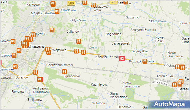 mapa Kożuszki-Parcel, Kożuszki-Parcel na mapie Targeo