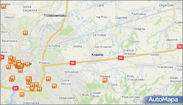 mapa Krasne powiat rzeszowski, Krasne powiat rzeszowski na mapie Targeo
