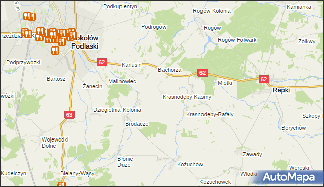 mapa Krasnodęby-Kasmy, Krasnodęby-Kasmy na mapie Targeo