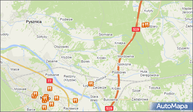 mapa Krzaki gmina Pysznica, Krzaki gmina Pysznica na mapie Targeo