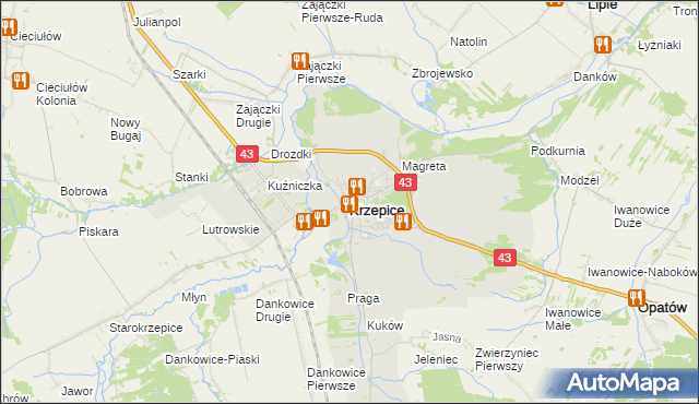 mapa Krzepice powiat kłobucki, Krzepice powiat kłobucki na mapie Targeo