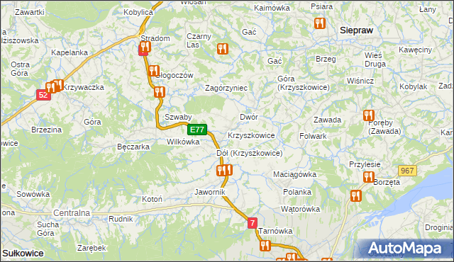 mapa Krzyszkowice gmina Myślenice, Krzyszkowice gmina Myślenice na mapie Targeo