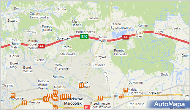 mapa Krzywa gmina Sędziszów Małopolski, Krzywa gmina Sędziszów Małopolski na mapie Targeo