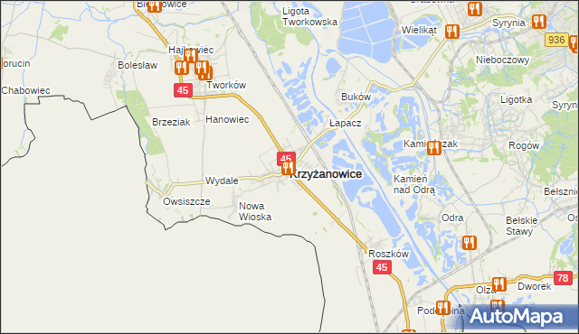 mapa Krzyżanowice powiat raciborski, Krzyżanowice powiat raciborski na mapie Targeo