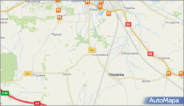 mapa Krzyżowice gmina Olszanka, Krzyżowice gmina Olszanka na mapie Targeo