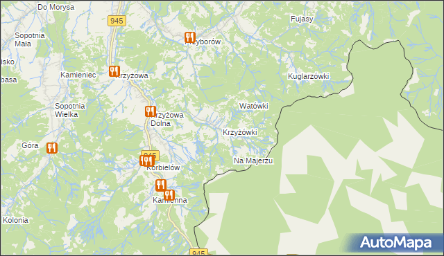 mapa Krzyżówki gmina Jeleśnia, Krzyżówki gmina Jeleśnia na mapie Targeo