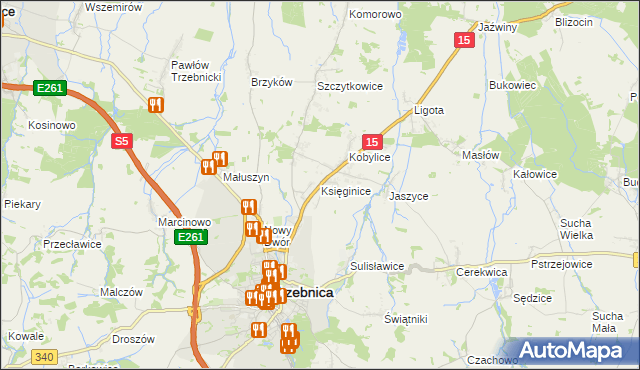 mapa Księginice gmina Trzebnica, Księginice gmina Trzebnica na mapie Targeo