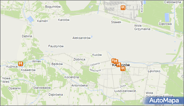 mapa Kuców gmina Kleszczów, Kuców gmina Kleszczów na mapie Targeo